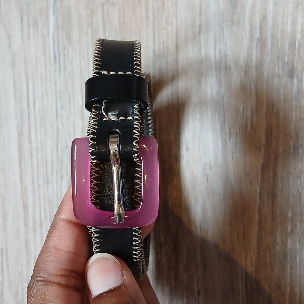 BANANA REPUBLIC Skinny Black Leather Belt With Purple Buckle